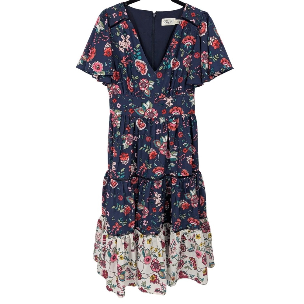 Eliza J Floral Midi Dress 2‎ Navy Blue Tiered Flutter Sleeve Boho Cottagecore